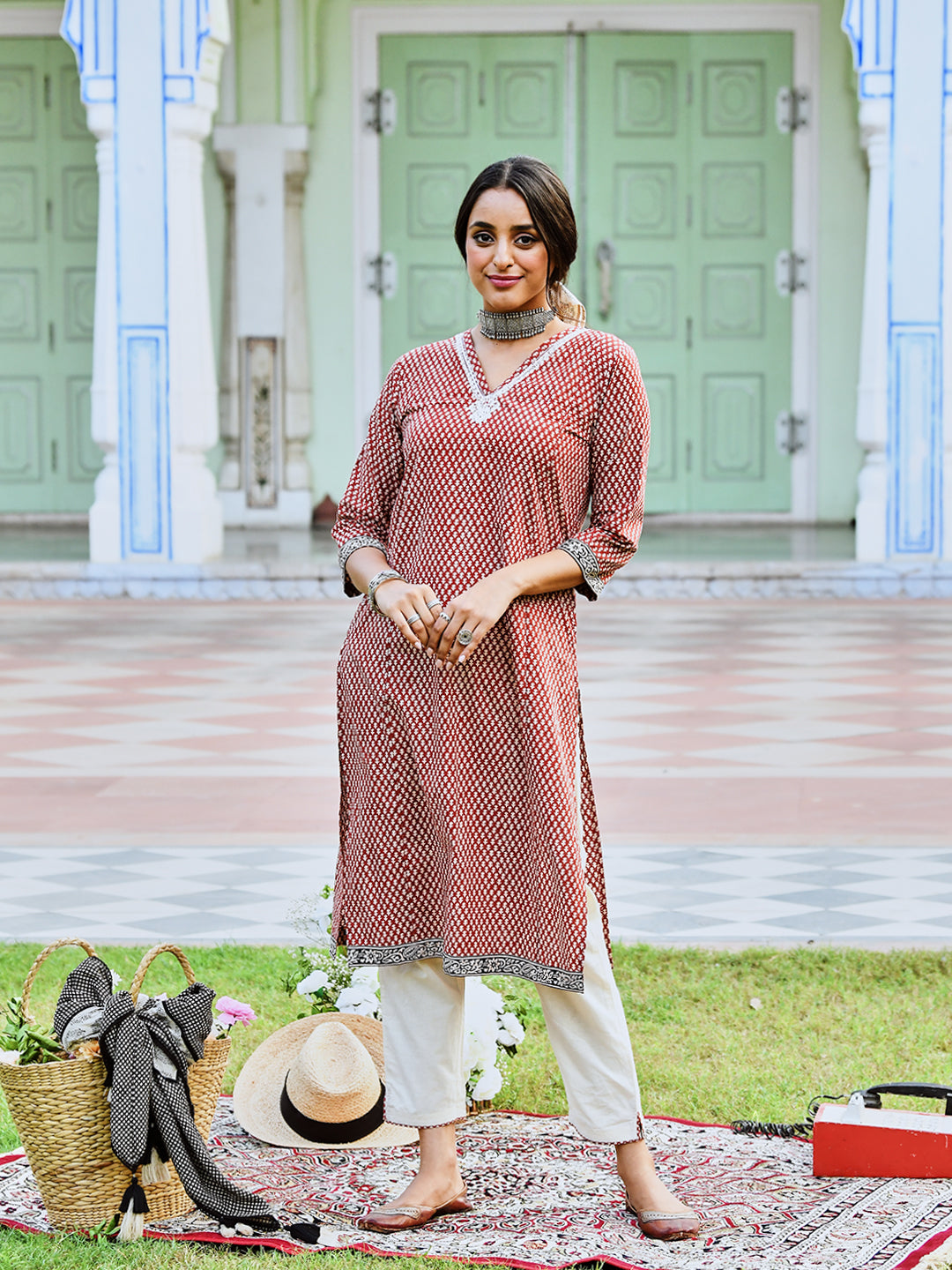 Rust Cotton Bagru Printed Straight Kurta