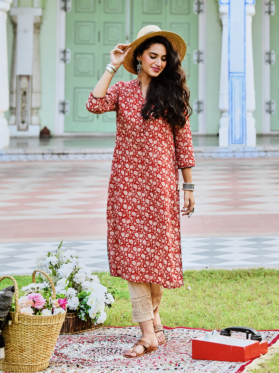 Rust Cotton Printed Straight Kurta