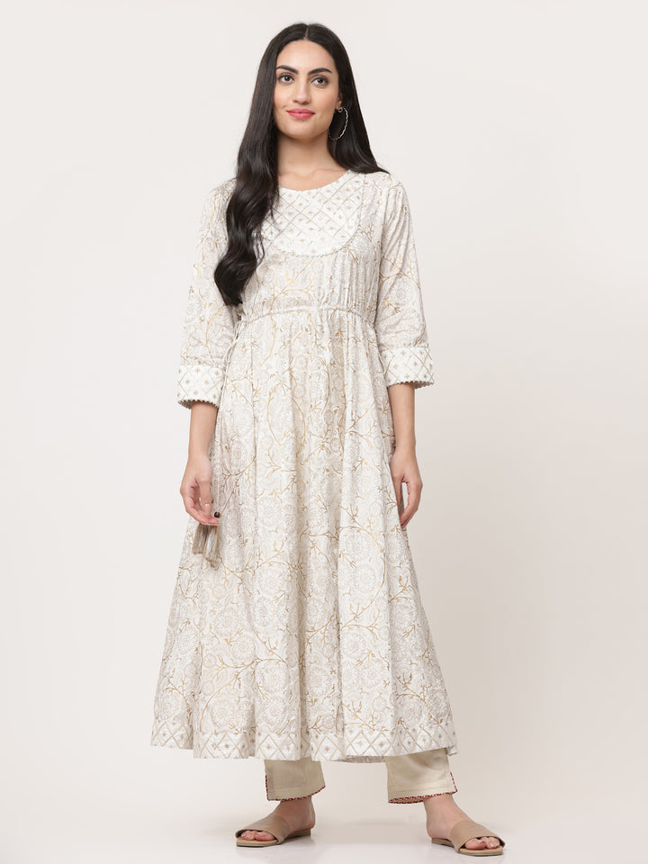 Off White Printed Designer Anarkali Kurta Dress