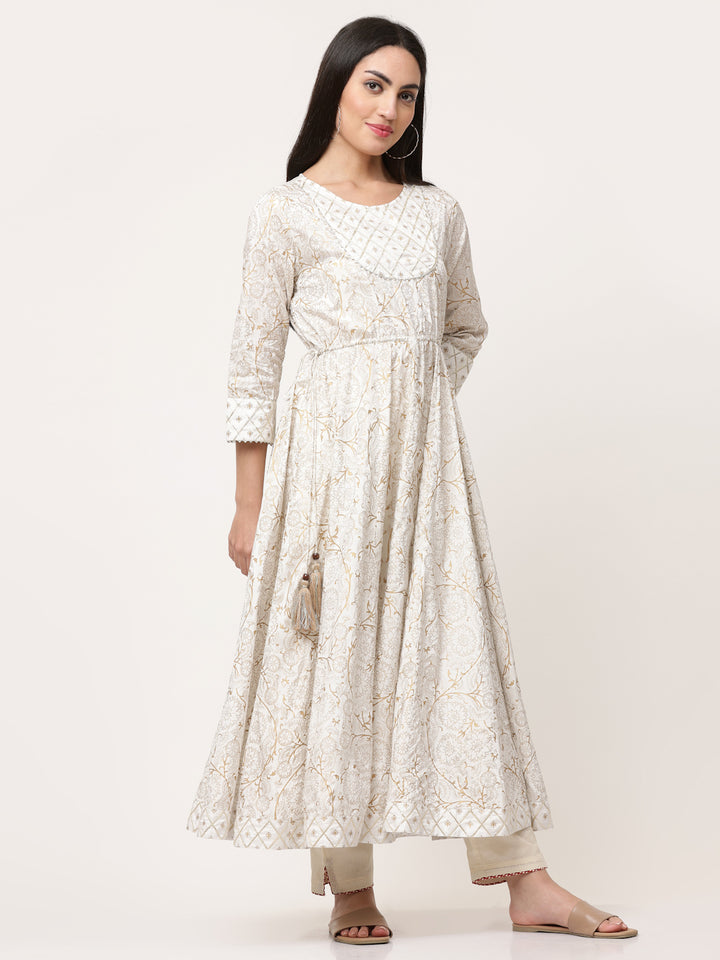 Off White Printed Designer Anarkali Kurta Dress