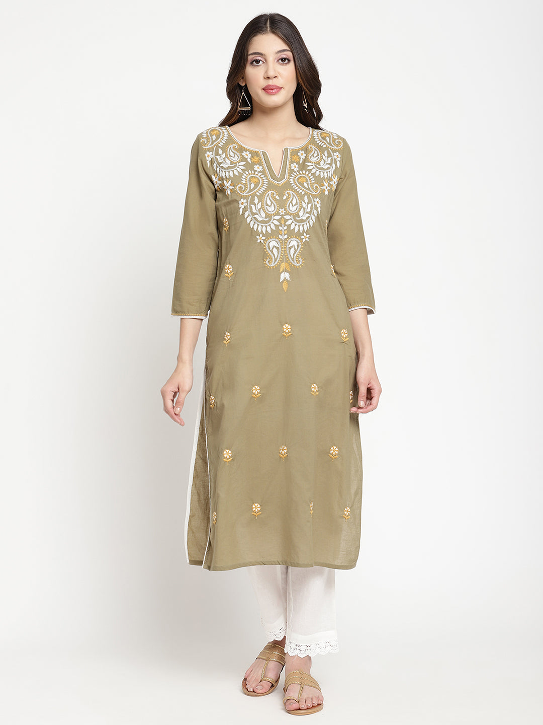 Olive Green Cotton Embroidered Straight Kurta Pant Set showcased by Savi model.