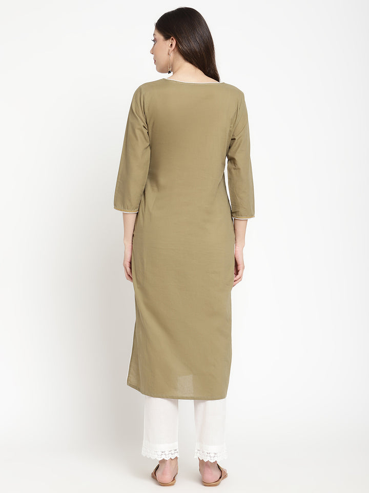Olive Green Cotton Embroidered Straight Kurta Pant Set showcased by Savi model.