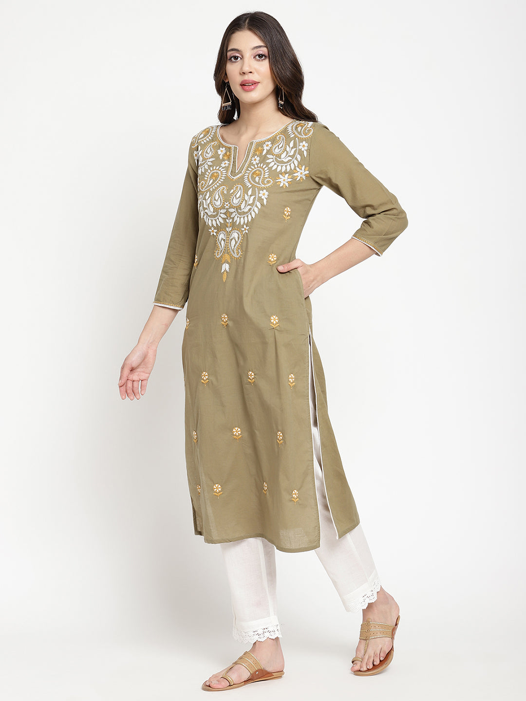 Olive Green Cotton Embroidered Straight Kurta Pant Set showcased by Savi model.