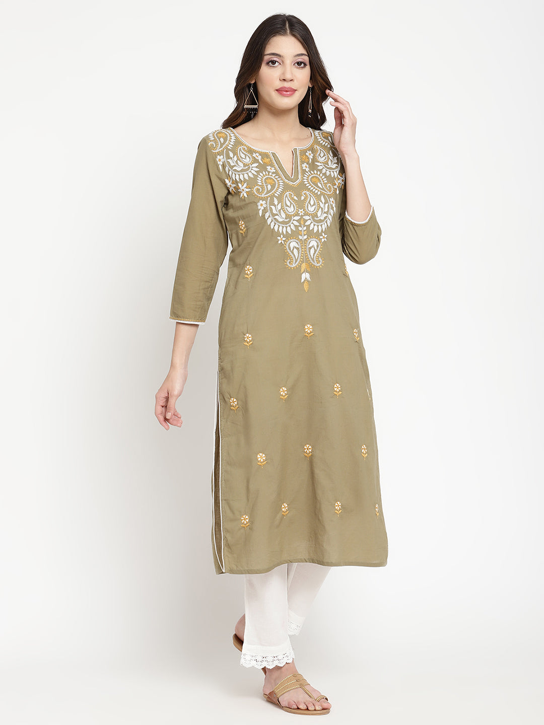 Olive Green Cotton Embroidered Straight Kurta Pant Set showcased by Savi model.