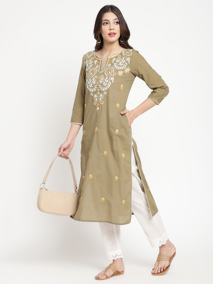 Olive Green Cotton Embroidered Straight Kurta Pant Set showcased by Savi model.