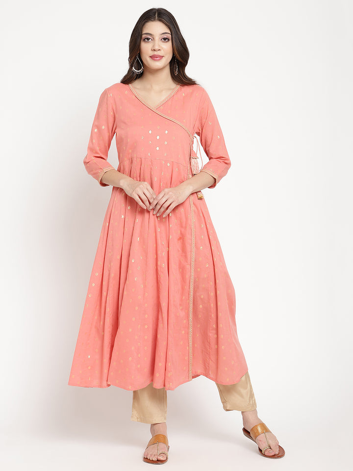 Peach Cotton Lurex Angrakha Kurta