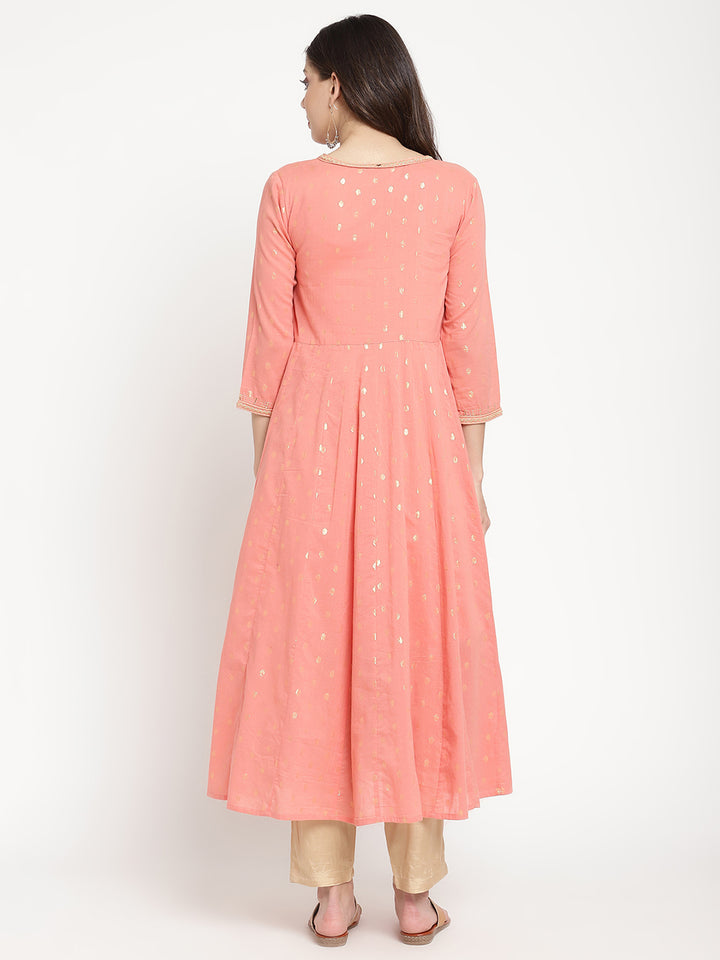Peach Cotton Lurex Angrakha Kurta