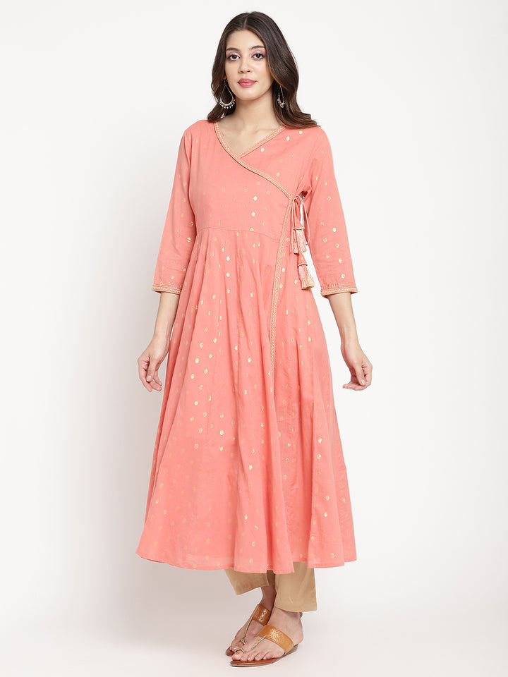Peach Cotton Lurex Angrakha Kurta