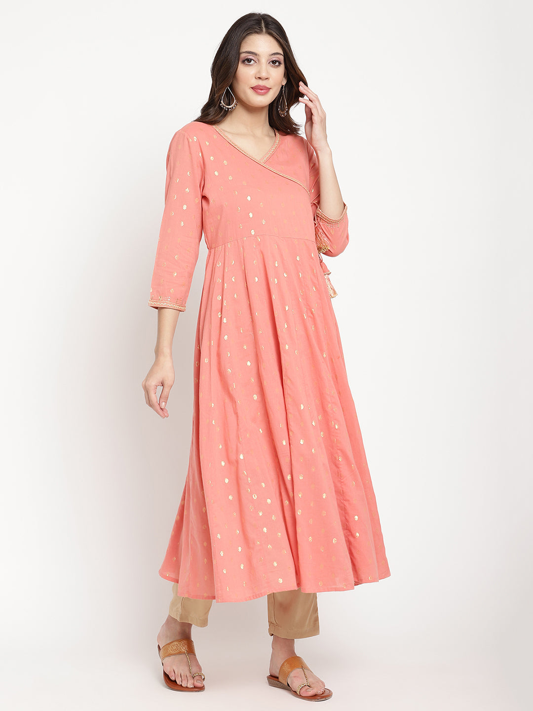 Peach Cotton Lurex Angrakha Kurta