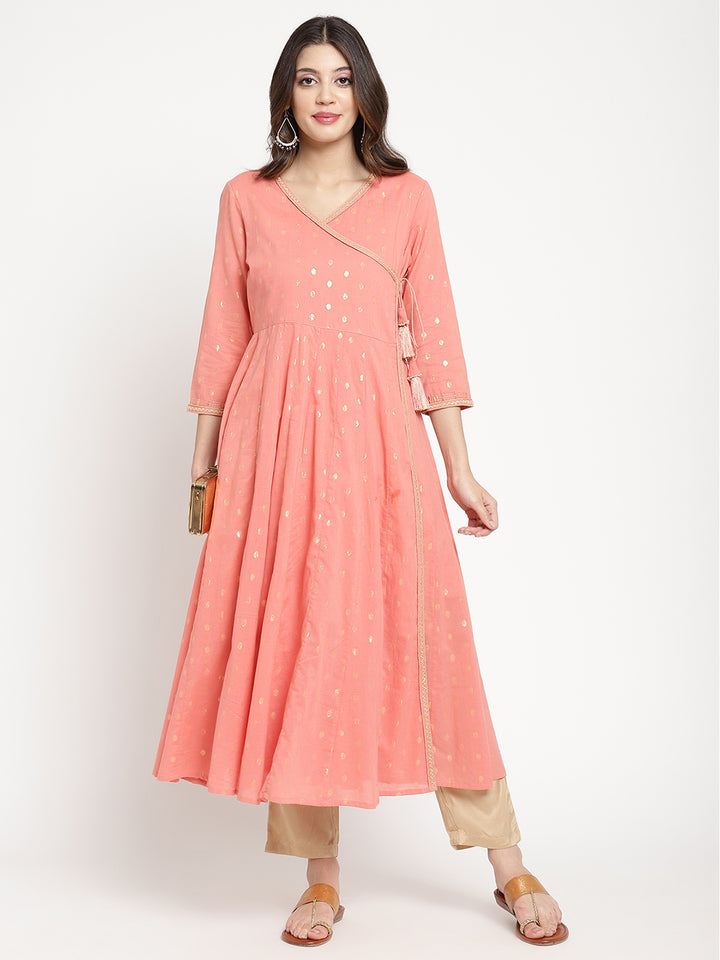 Peach Cotton Lurex Angrakha Kurta