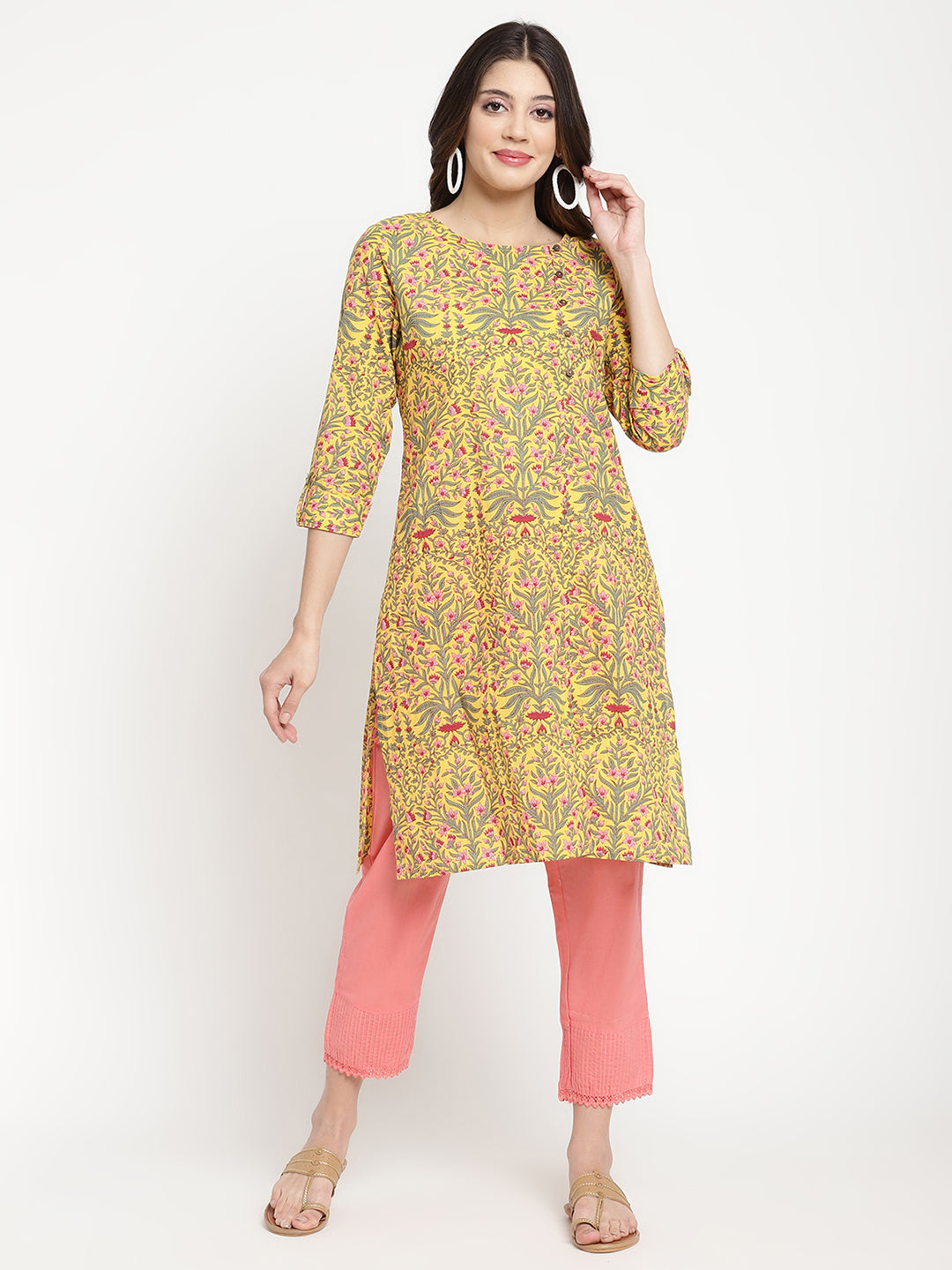 Model wearing pink cotton straight fit pants.