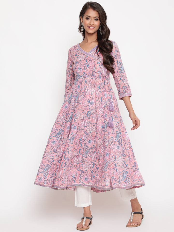 Pink Cotton Printed Angrakha Anarkali Kurta