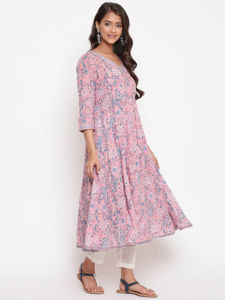 Pink Cotton Printed Angrakha Anarkali Kurta