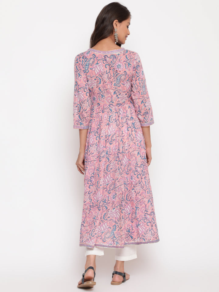 Pink Cotton Printed Angrakha Anarkali Kurta