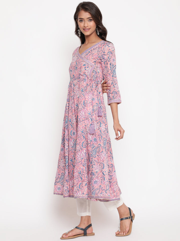 Pink Cotton Printed Angrakha Anarkali Kurta