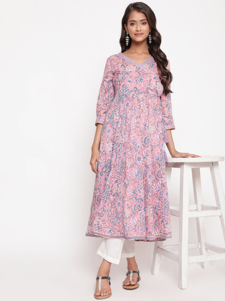 Pink Cotton Printed Angrakha Anarkali Kurta