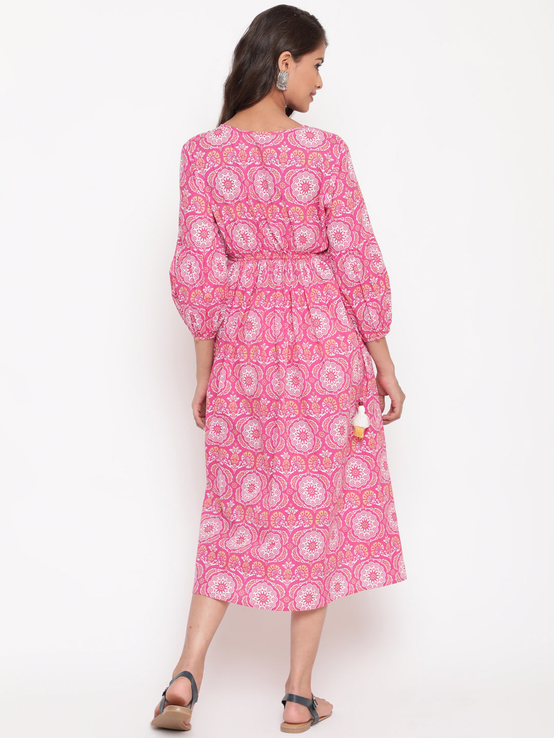 Pink Cotton Printed Tie Up Gathered Dress