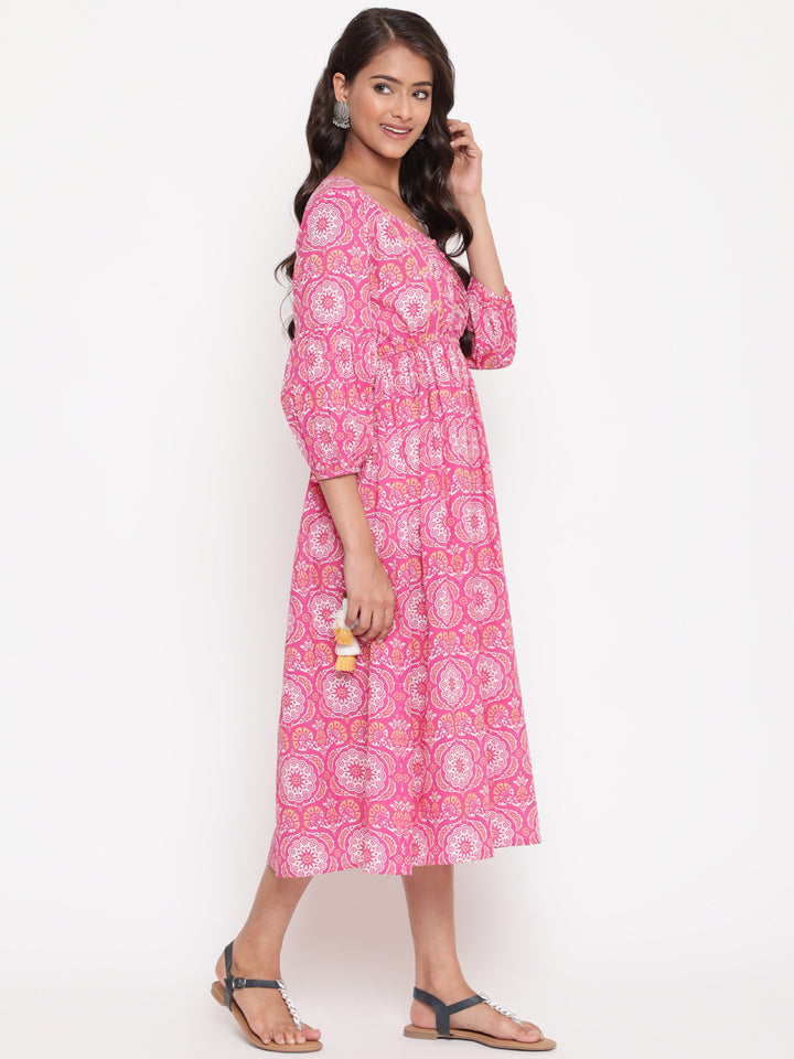 Pink Cotton Printed Tie Up Gathered Dress