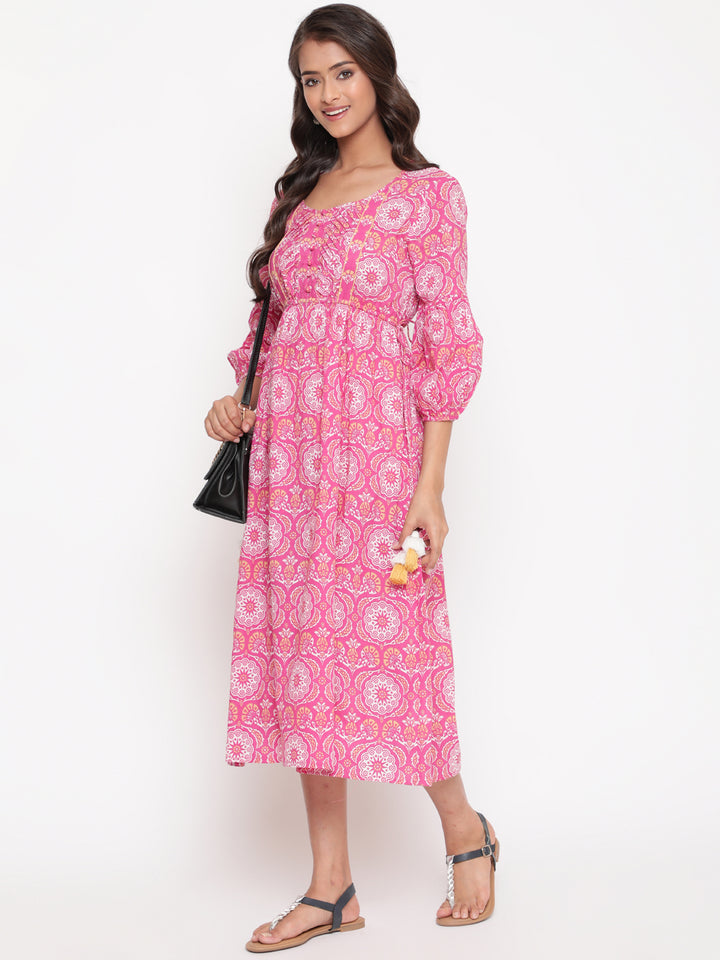 Pink Cotton Printed Tie Up Gathered Dress