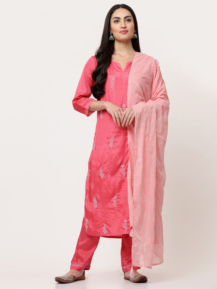 Pink Zari Embroidered Kurta Pant Set With Dupatta