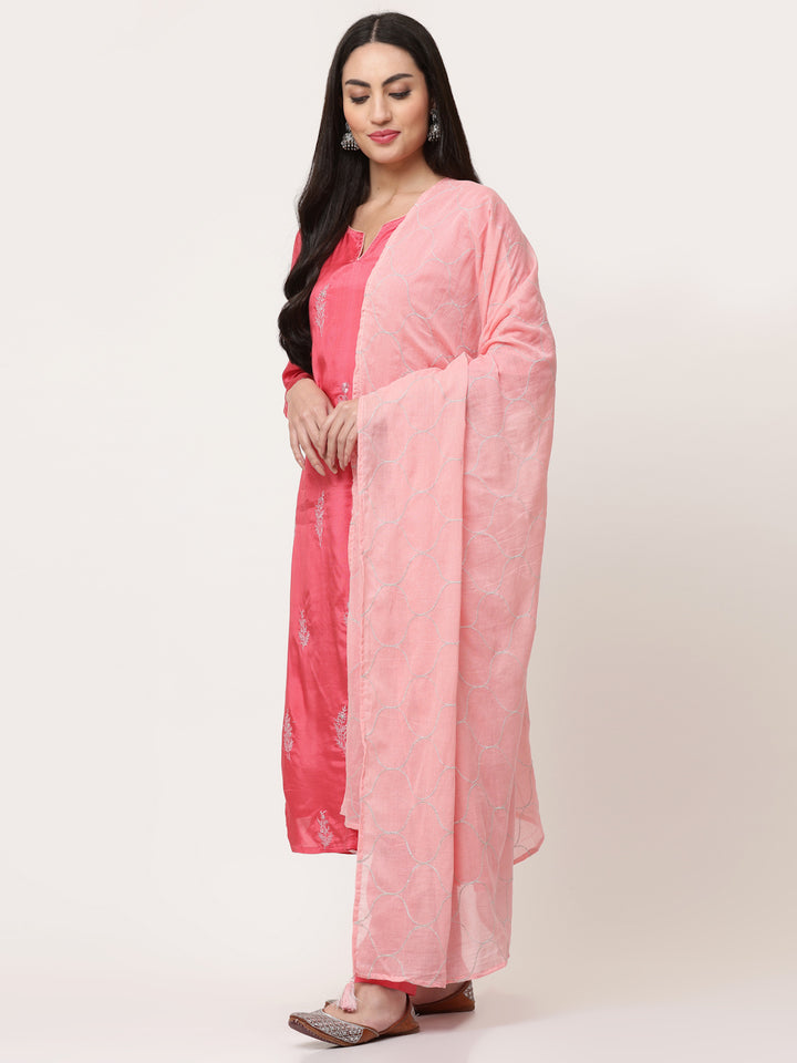 Pink Zari Embroidered Kurta Pant Set With Dupatta