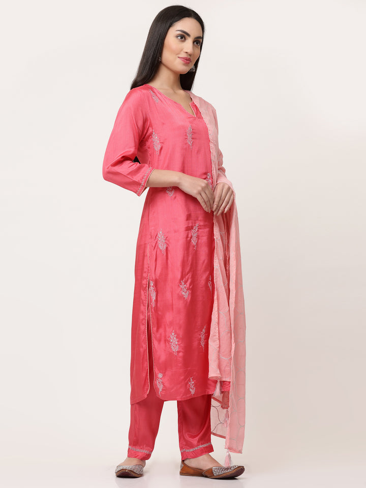 Pink Zari Embroidered Kurta Pant Set With Dupatta