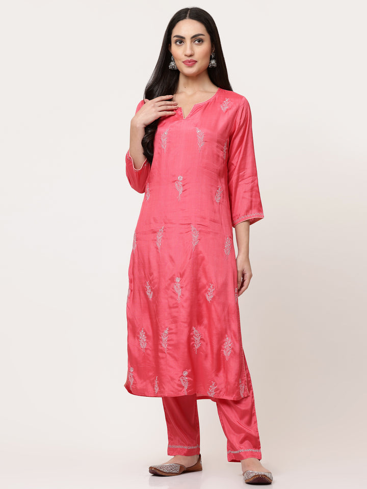 Pink Zari Embroidered Kurta Pant Set With Dupatta