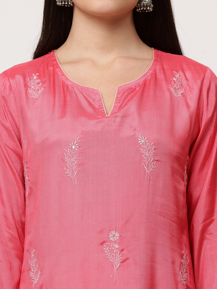 Pink Zari Embroidered Kurta Pant Set With Dupatta