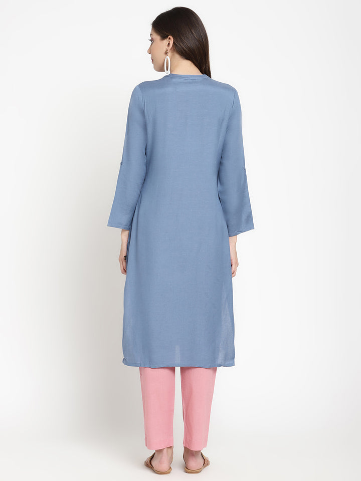 Woman wearing rayon blue Kurta by Savi.