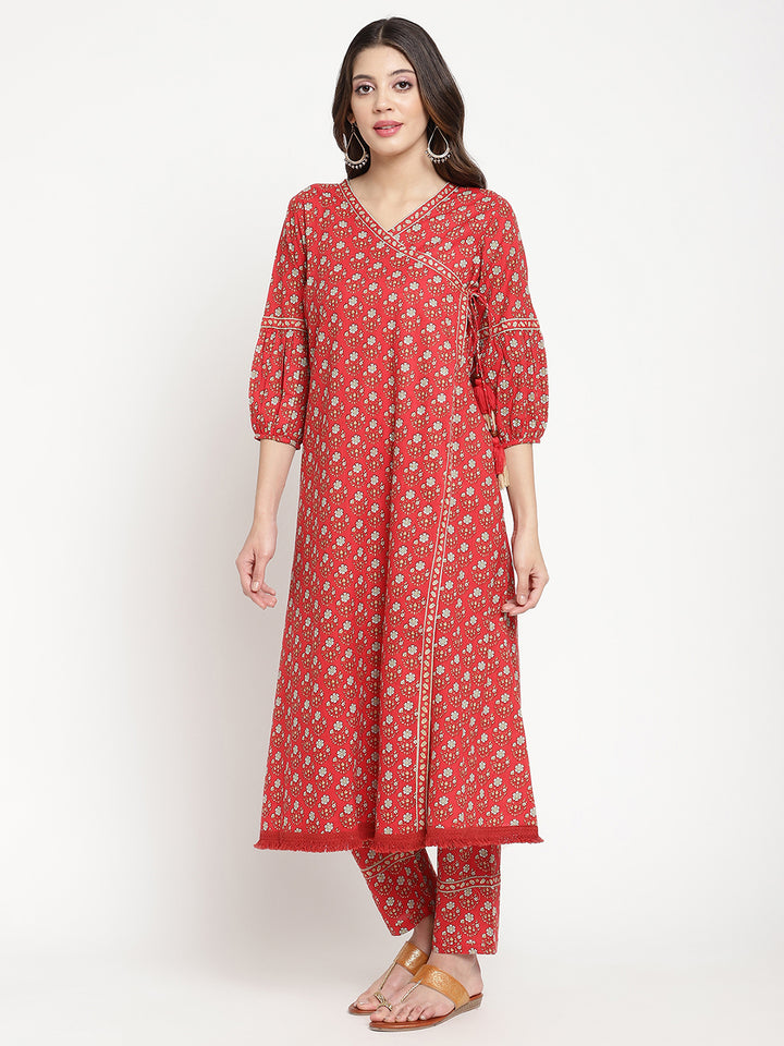 Woman wearing Red Cotton Printed Angrakha Kurta Pant Set by Savi.