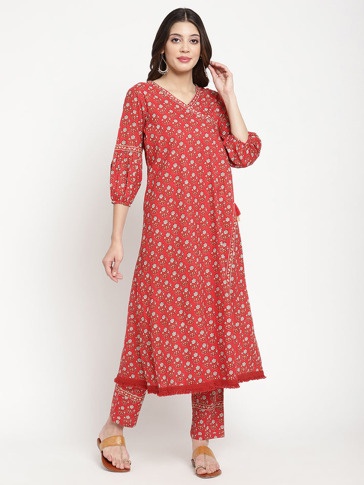Woman wearing Red Cotton Printed Angrakha Kurta Pant Set by Savi.