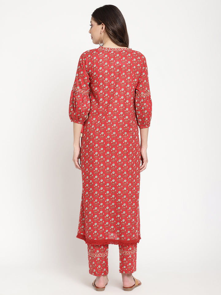 Woman wearing Red Cotton Printed Angrakha Kurta Pant Set by Savi.