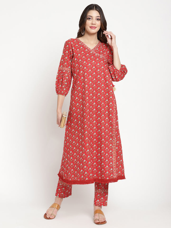 Woman wearing Red Cotton Printed Angrakha Kurta Pant Set by Savi.