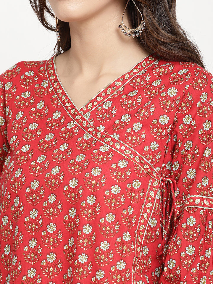Woman wearing Red Cotton Printed Angrakha Kurta Pant Set by Savi.