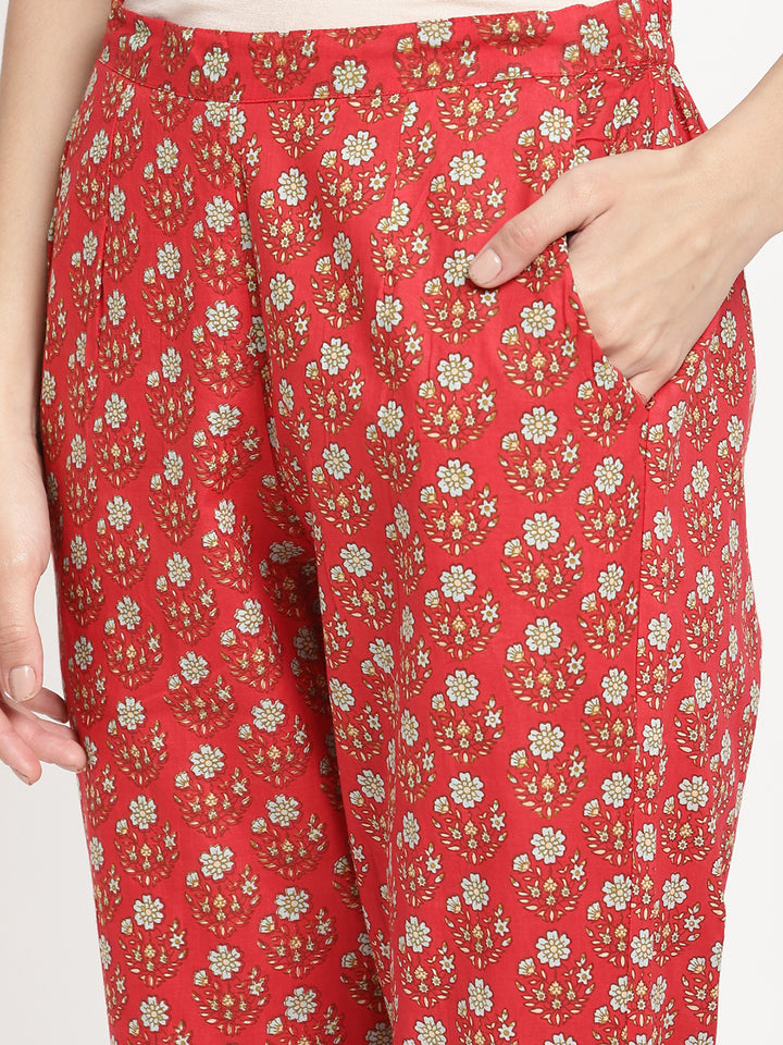 Woman wearing Red Cotton Printed Angrakha Kurta Pant Set by Savi.