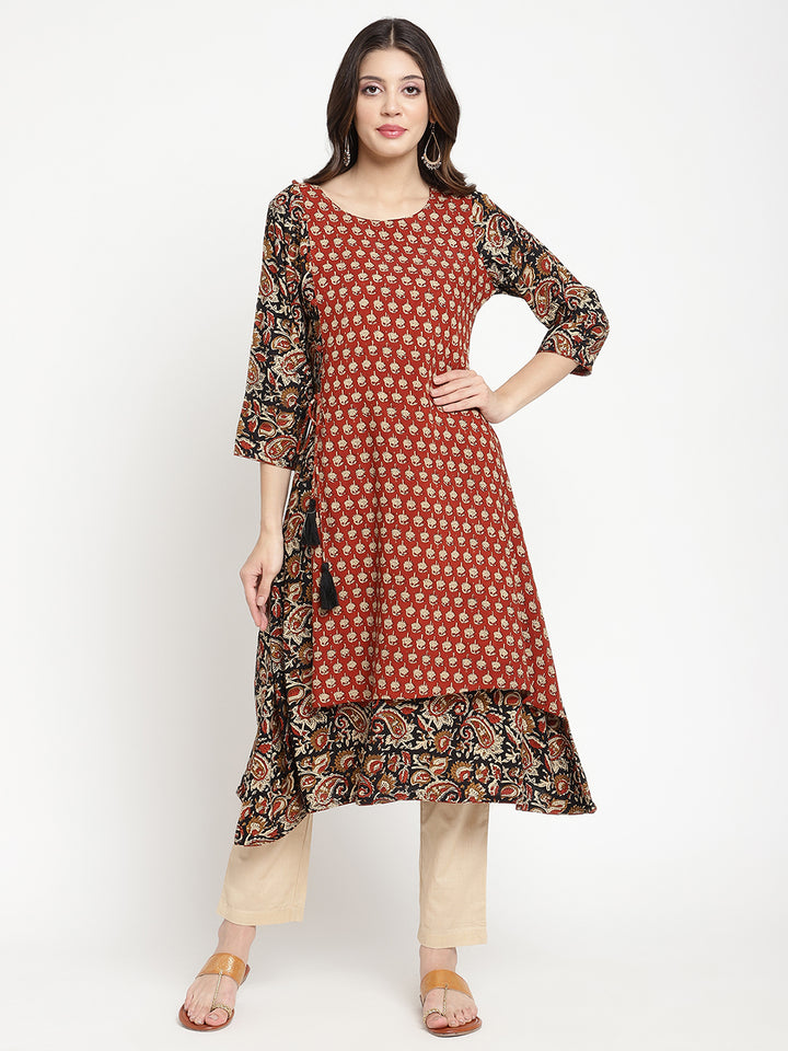 Full length shot of Savi model wearing Rust Block Printed A Line Kurta
