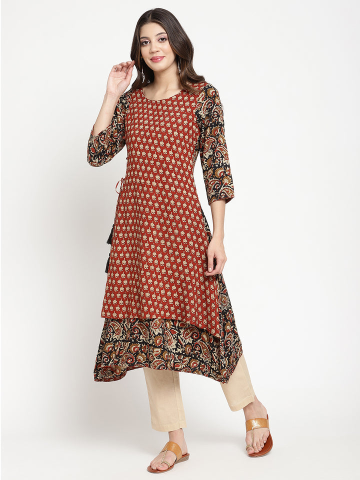 Full length shot of Savi model wearing Rust Block Printed A Line Kurta