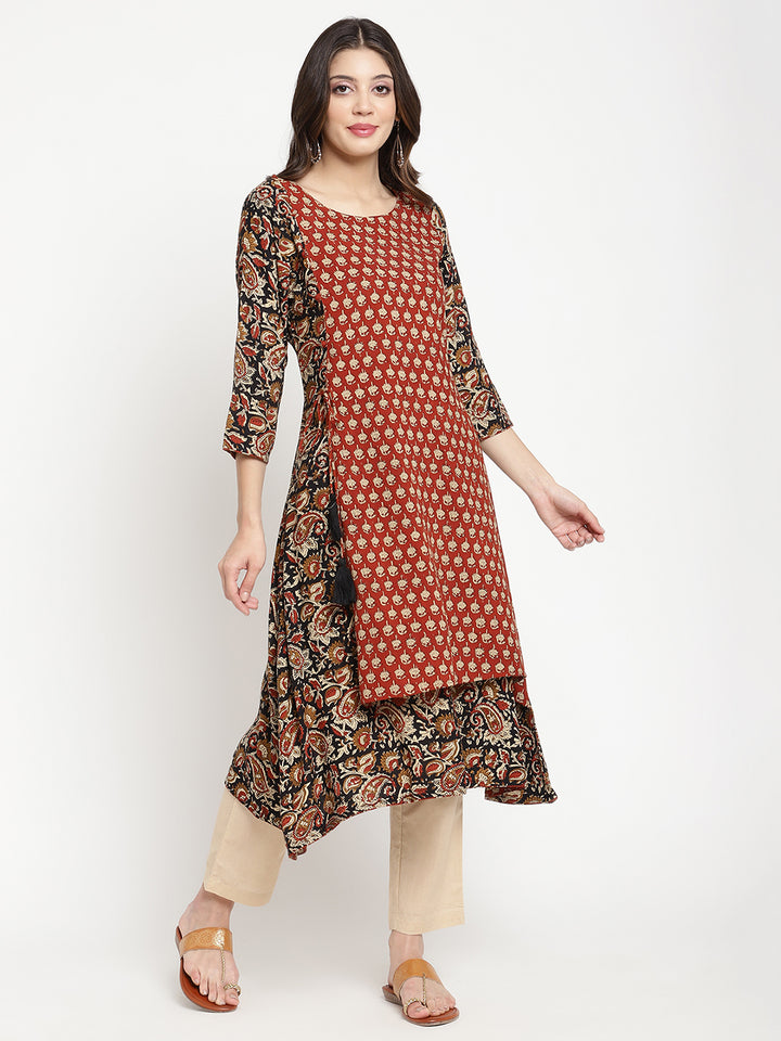 Full length shot of Savi model wearing Rust Block Printed A Line Kurta