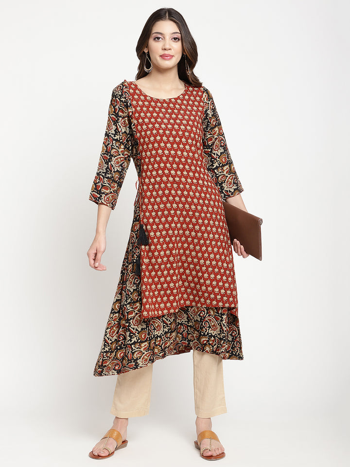 Full length shot of Savi model wearing Rust Block Printed A Line Kurta
