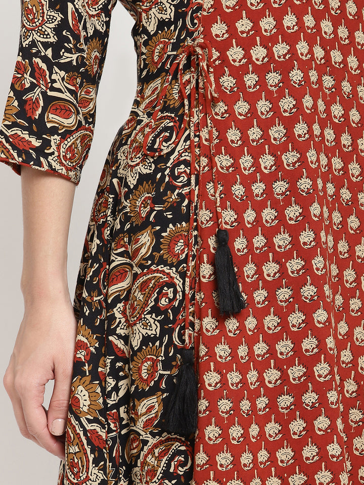 Full length shot of Savi model wearing Rust Block Printed A Line Kurta