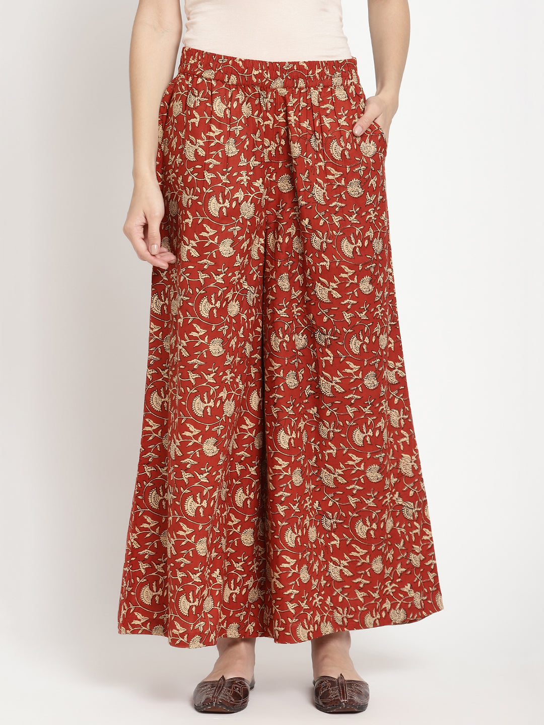 Detailed shot of women’s Rust Cotton Printed Palazzo.