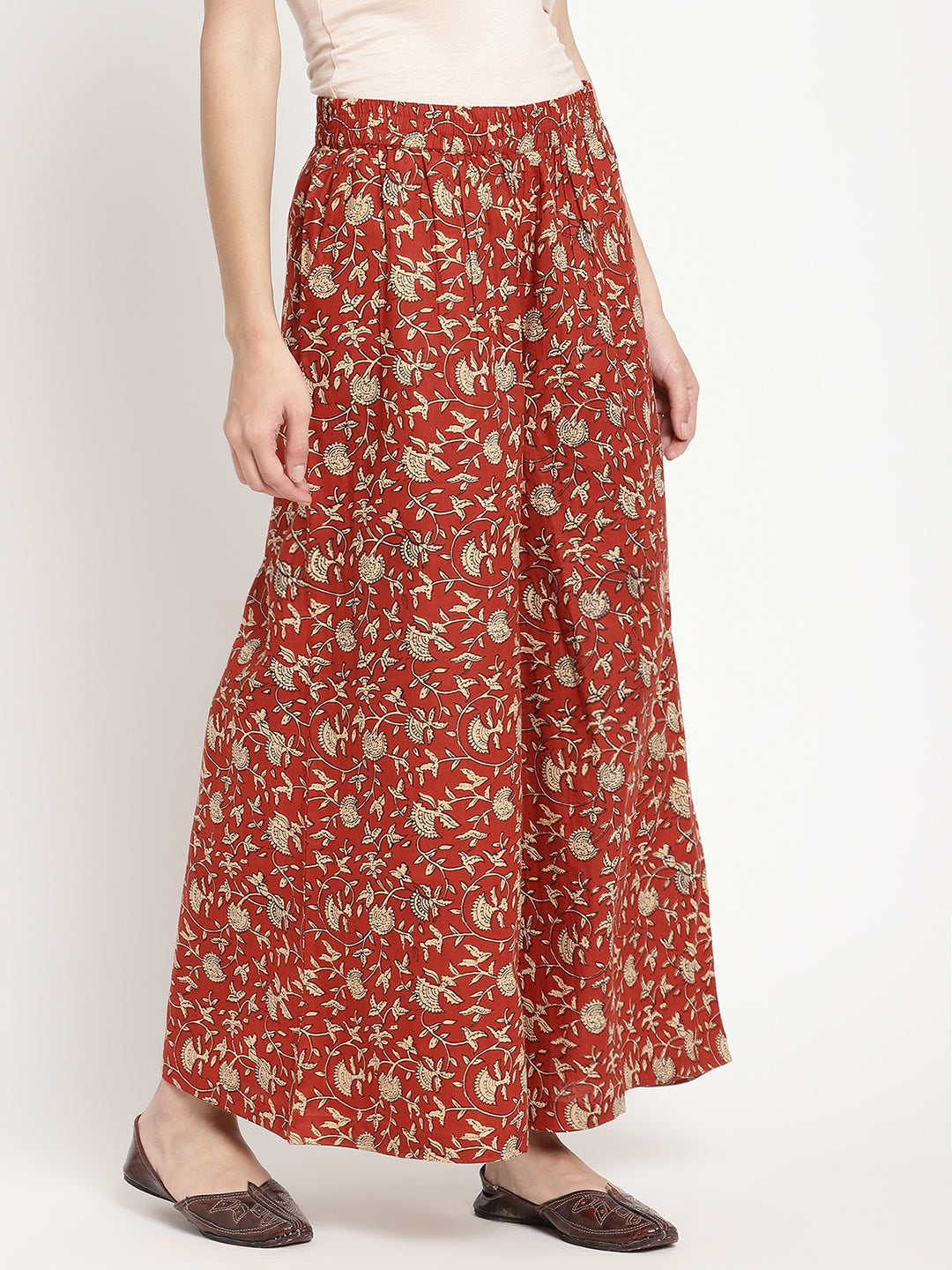 Detailed shot of women’s Rust Cotton Printed Palazzo.