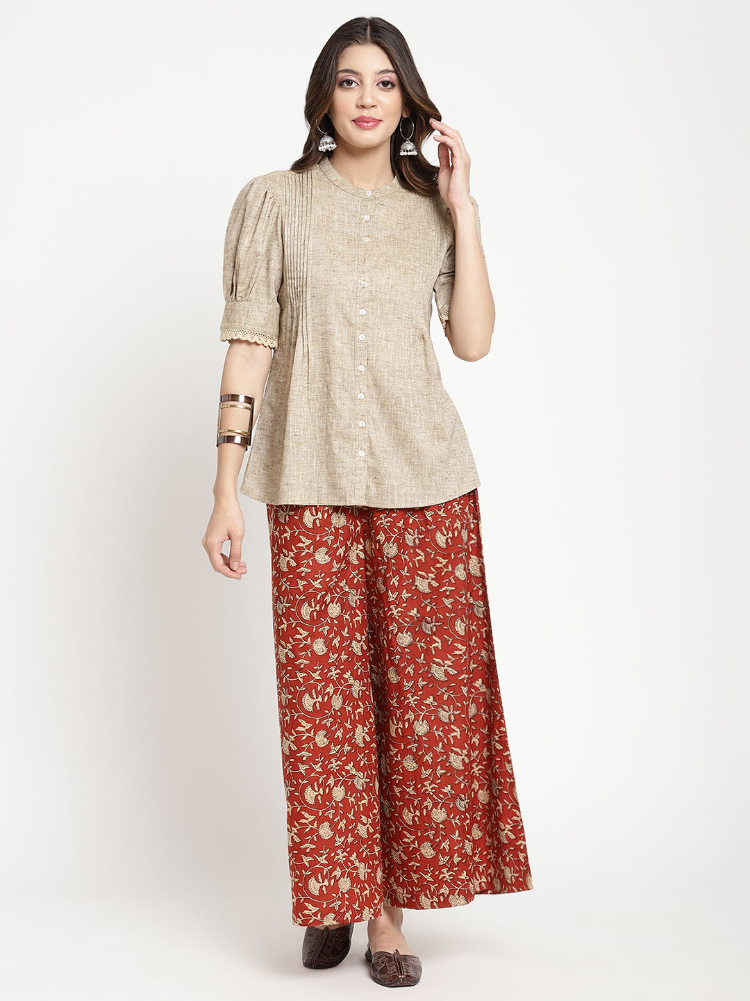 Detailed shot of women’s Rust Cotton Printed Palazzo.