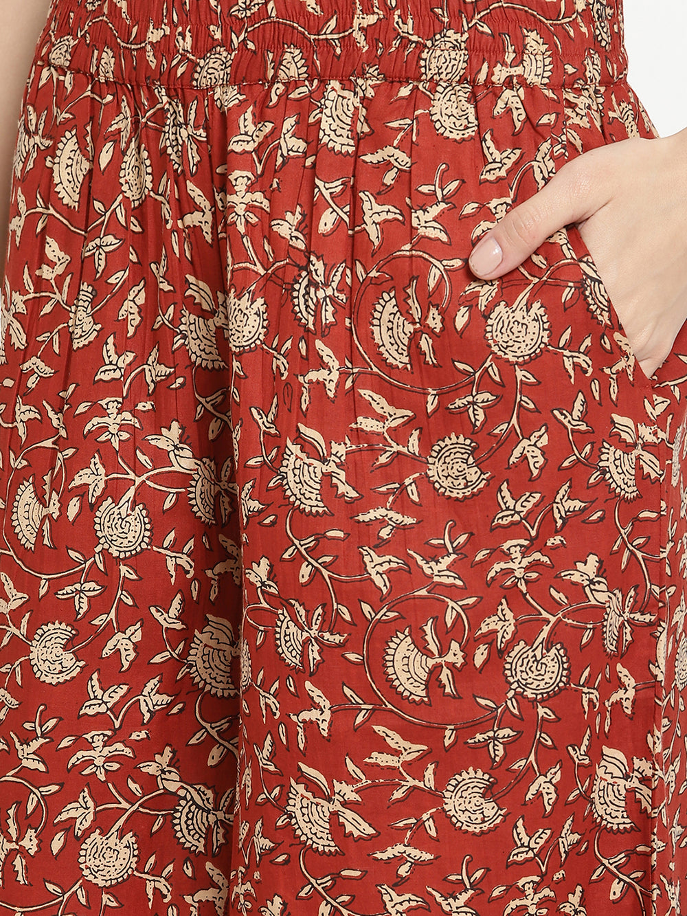 Detailed shot of women’s Rust Cotton Printed Palazzo.