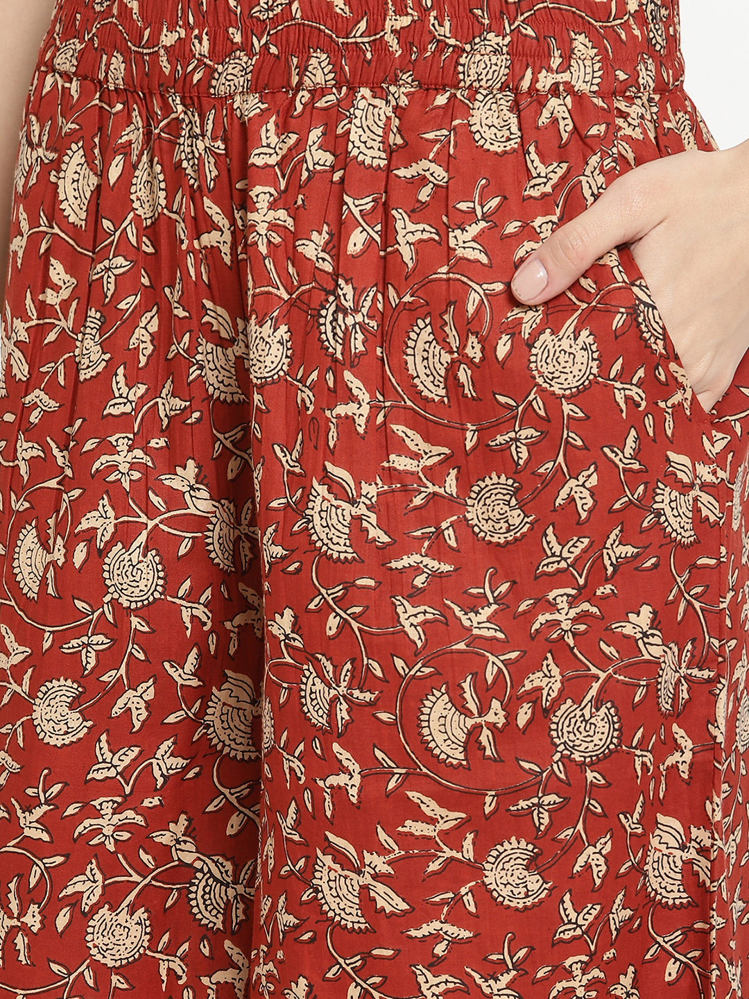 Detailed shot of women’s Rust Cotton Printed Palazzo.