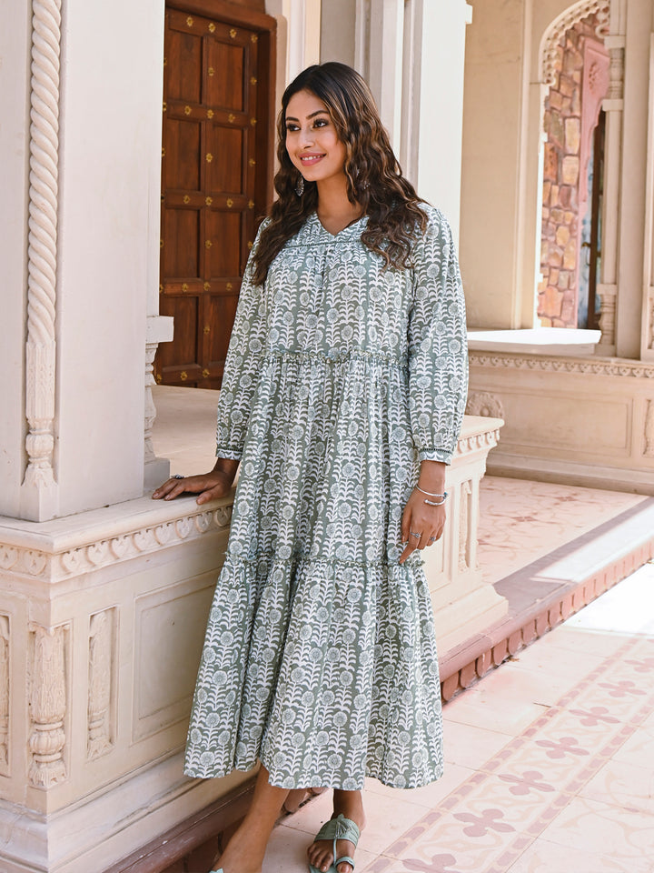 Woman posing in Savi's Cotton Printed Pintuck Yoke Teared Dress