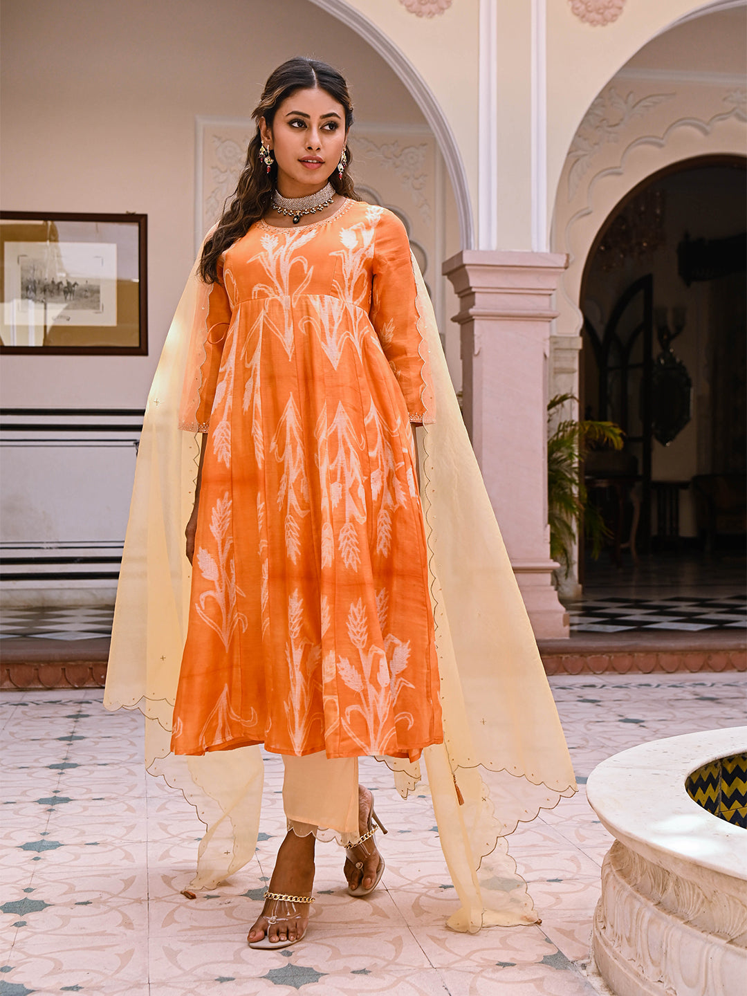 Orange Peach Chanderi Silk Anarkali Suit Set With Organza Dupatta