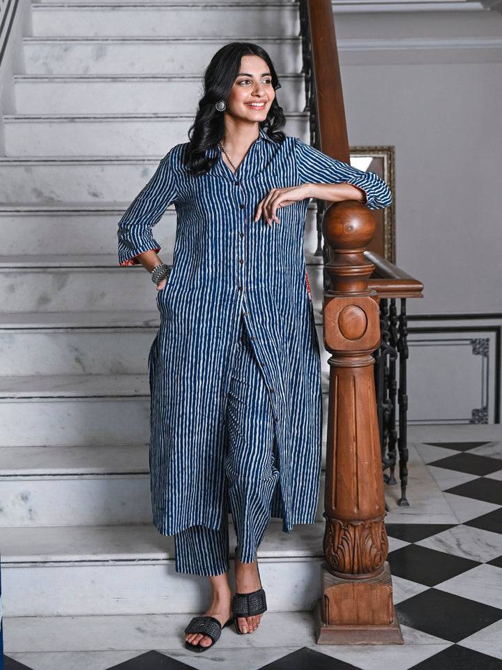 Indigo Printed Cotton Shirt Collar Kurta Pant Set
