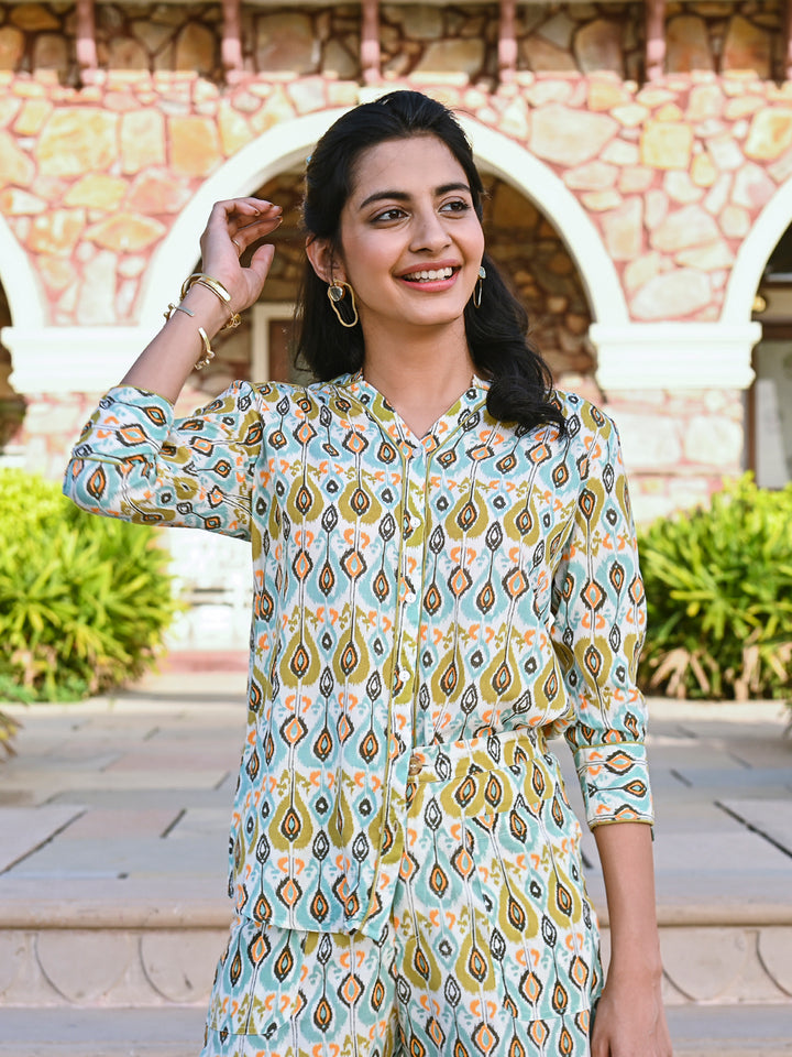 Woman posing in Savi's IKat  Multicolor rayon designer Shirt Top