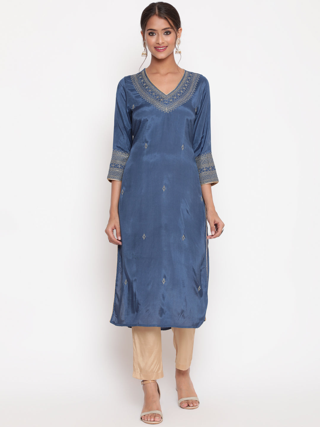 Woman posing in Blue Zari Embroidered Straight Kurta Pant Set
